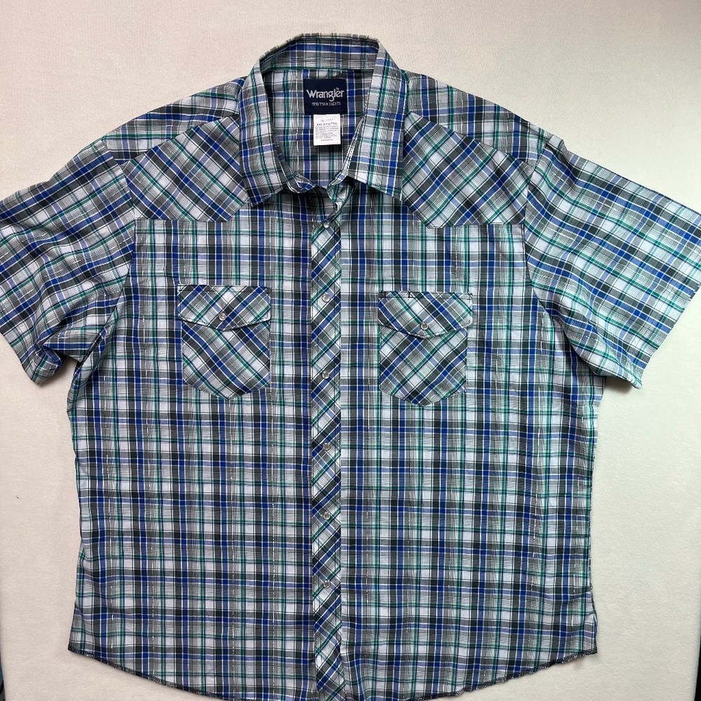 WRANGLER Men’s‎ 2XL Short Sleeve, Snap Button Down, Plaid Western Shirt